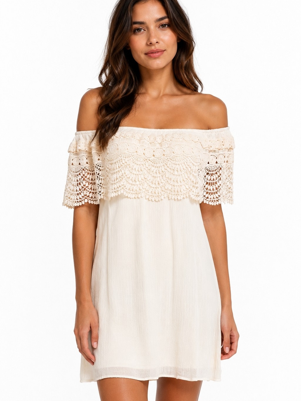 Entro Cream Crochet Off Shoulder Boho Mini Dress Medium ditsy